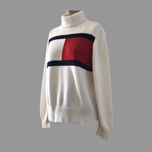 Vintage Y2k Tommy Hilfiger Made in Japan Ivory Cotton Knit Turtleneck Sweater M
